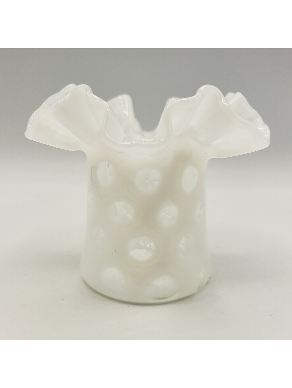 Vintage Fenton White Opalescent Coin Dot Ruffled Edge Hat Vase Crimped